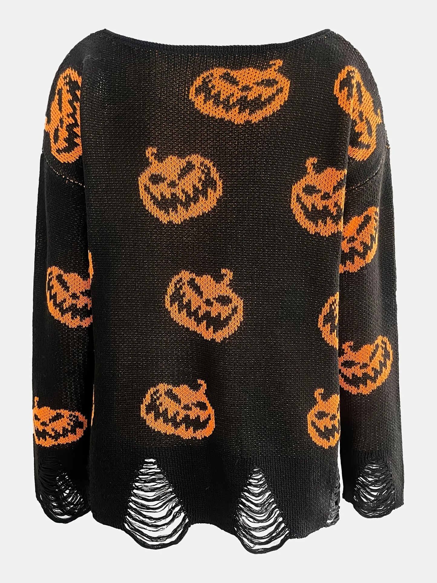 Women’s Autumn Winter Halloween Sweater – Round Neck Loose Woolen Pullover with Distressed Hole Design, Cozy Casual Knit Top