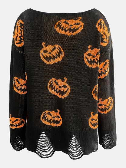 Women’s Autumn Winter Halloween Sweater – Round Neck Loose Woolen Pullover with Distressed Hole Design, Cozy Casual Knit Top