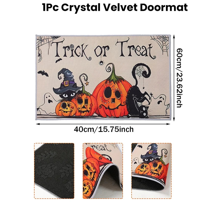 Halloween Crystal Velvet Doormat – Pumpkin & Ghost Trick or Treat Mat