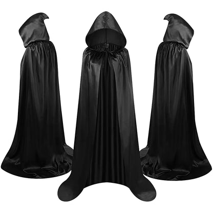 Halloween Black Hooded Cloak – Soft Unisex Witch & Wizard Robe | Long Cape Cosplay Costume for Party, Performance & Holiday Dress Up