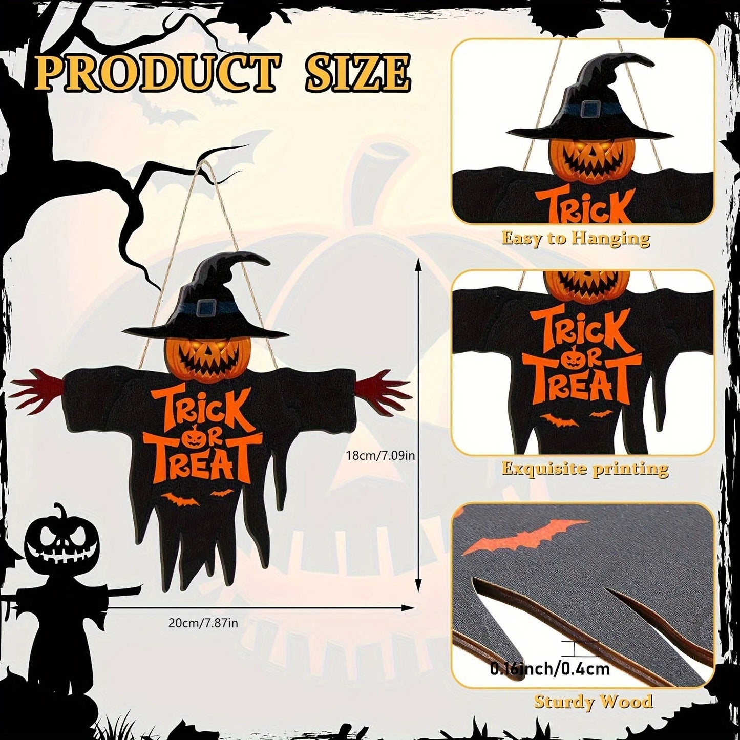 2D Halloween Trick-or-Treat Wooden Sign – Pumpkin Monster Porch Decor