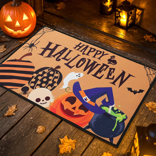 Halloween Crystal Velvet Doormat – Pumpkin & Ghost Trick or Treat Mat