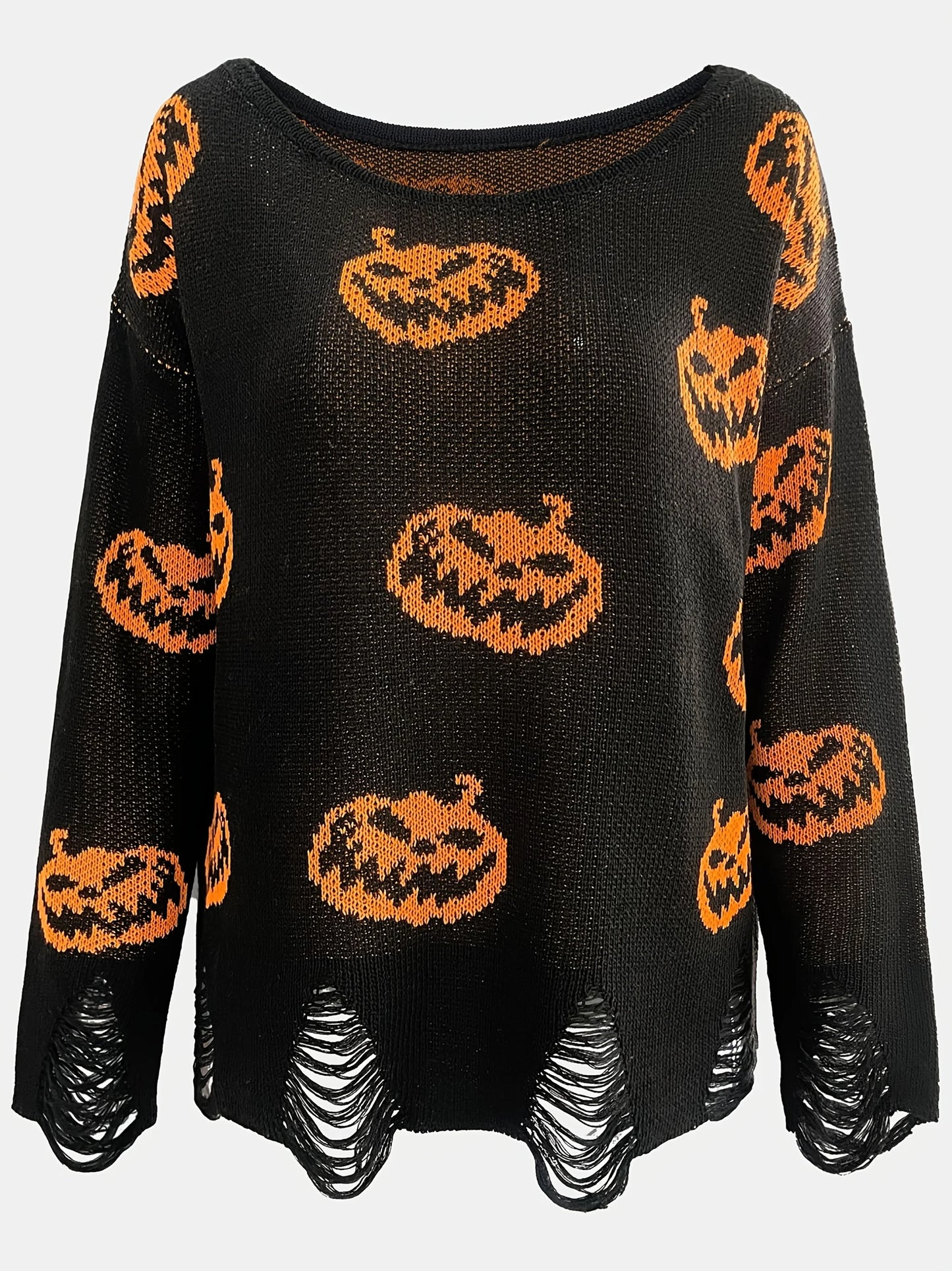 Women’s Autumn Winter Halloween Sweater – Round Neck Loose Woolen Pullover with Distressed Hole Design, Cozy Casual Knit Top