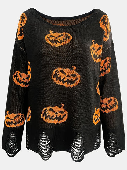 Women’s Autumn Winter Halloween Sweater – Round Neck Loose Woolen Pullover with Distressed Hole Design, Cozy Casual Knit Top