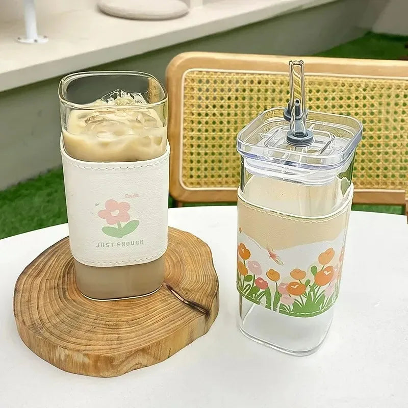 Square Heat-Resistant Glass Coffee Cup with Lid & Straw – Transparent Drinkware