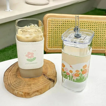 Square Heat-Resistant Glass Coffee Cup with Lid & Straw – Transparent Drinkware