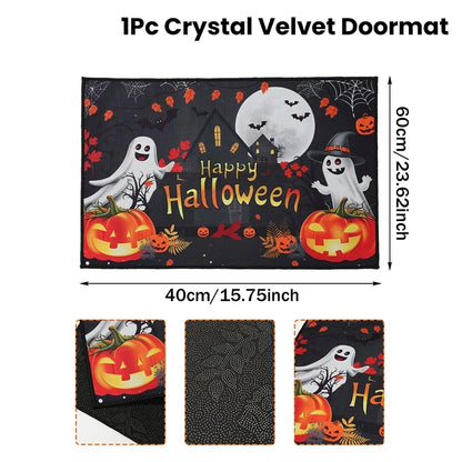 Halloween Crystal Velvet Doormat – Pumpkin & Ghost Trick or Treat Mat