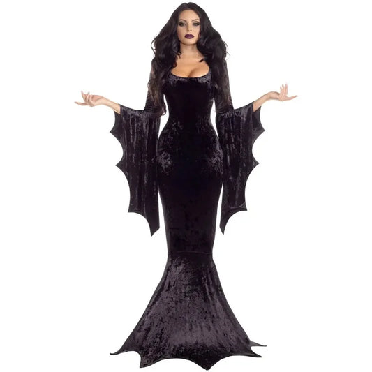 Morticia Addams Costume – Long Train Gothic Dress with Bat Sleeves | Halloween Dark Horror Gown for Adults