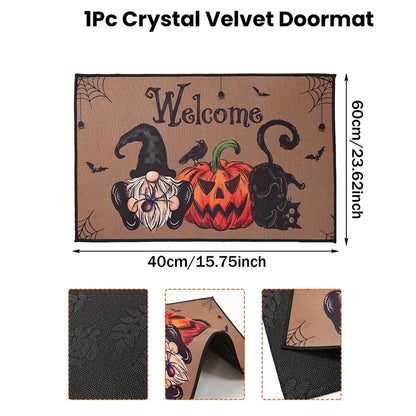 Halloween Crystal Velvet Doormat – Pumpkin & Ghost Trick or Treat Mat