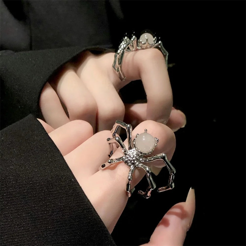 Gothic Spider Open Ring – Retro Moonstone Black Punk Jewelry for Women
