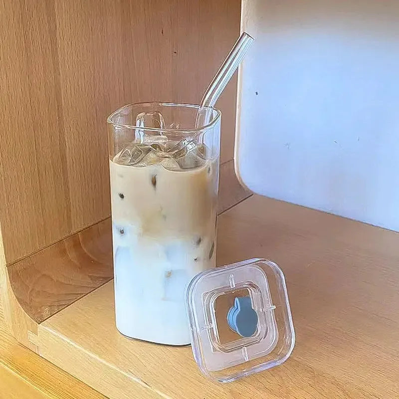 Square Heat-Resistant Glass Coffee Cup with Lid & Straw – Transparent Drinkware