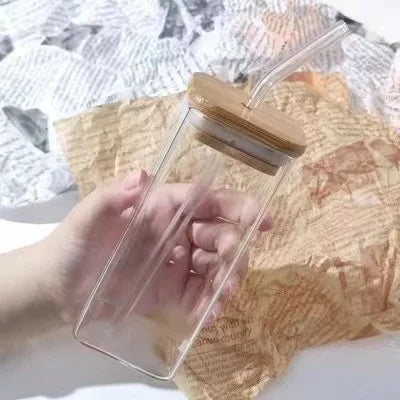 Square Heat-Resistant Glass Coffee Cup with Lid & Straw – Transparent Drinkware