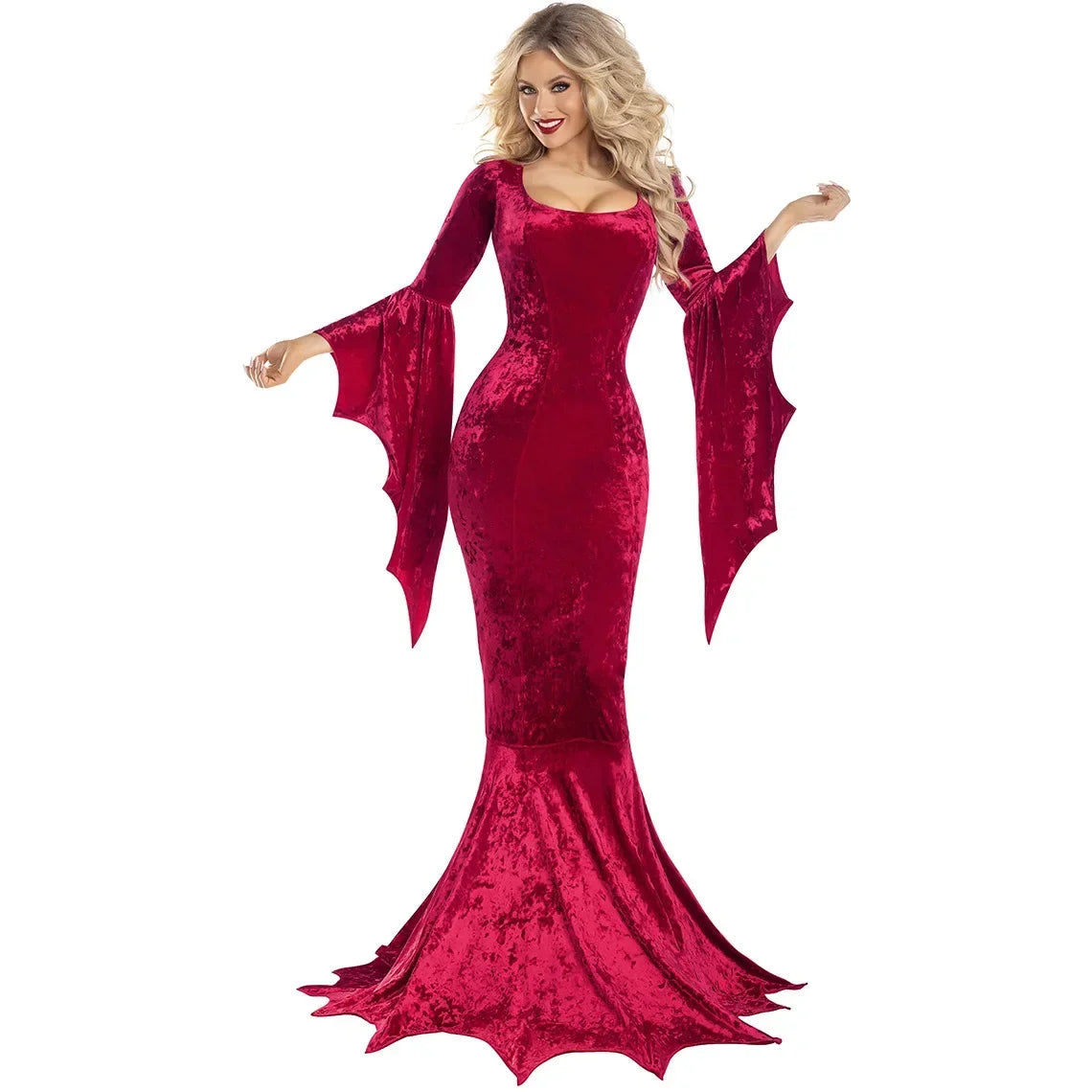 Morticia Addams Costume – Long Train Gothic Dress with Bat Sleeves | Halloween Dark Horror Gown for Adults
