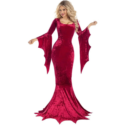 Morticia Addams Costume – Long Train Gothic Dress with Bat Sleeves | Halloween Dark Horror Gown for Adults