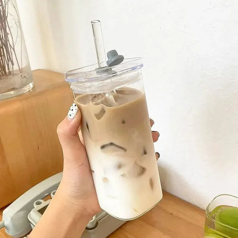 Square Heat-Resistant Glass Coffee Cup with Lid & Straw – Transparent Drinkware
