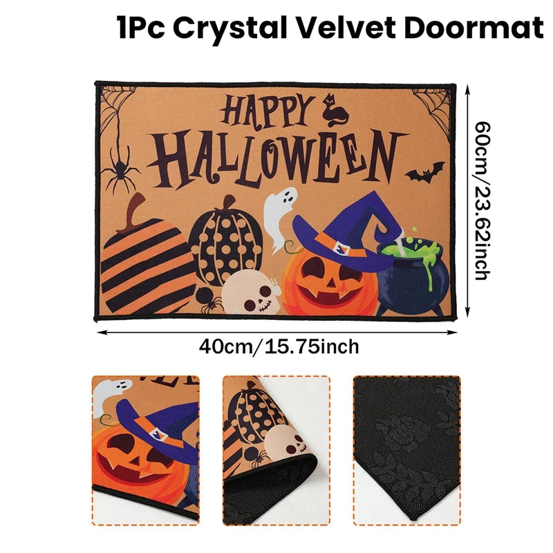 Halloween Crystal Velvet Doormat – Pumpkin & Ghost Trick or Treat Mat