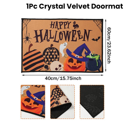 Halloween Crystal Velvet Doormat – Pumpkin & Ghost Trick or Treat Mat