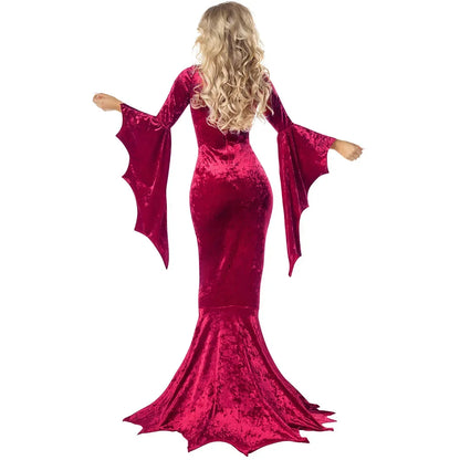 Morticia Addams Costume – Long Train Gothic Dress with Bat Sleeves | Halloween Dark Horror Gown for Adults