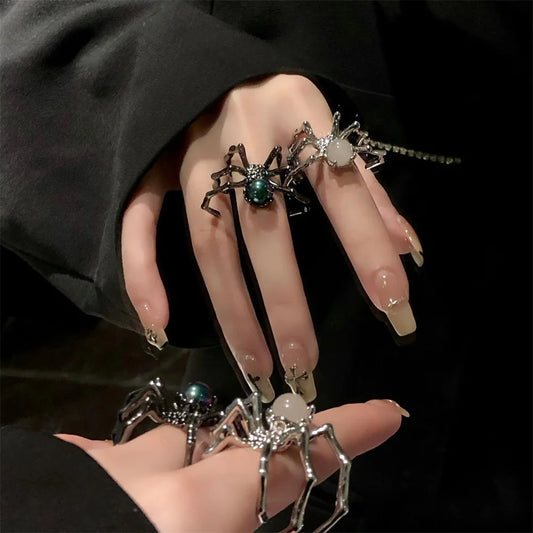 Gothic Spider Open Ring – Retro Moonstone Black Punk Jewelry for Women