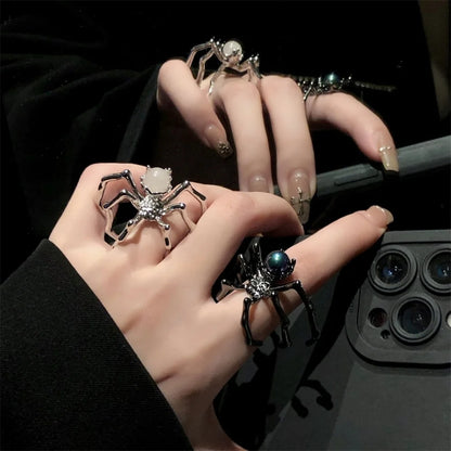 Gothic Spider Open Ring – Retro Moonstone Black Punk Jewelry for Women