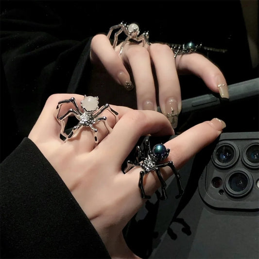 Gothic Spider Open Ring – Retro Moonstone Black Punk Jewelry for Women
