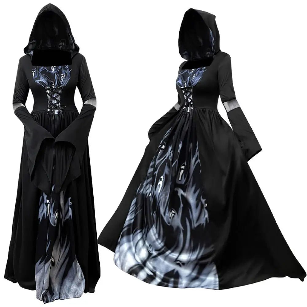 Halloween Witch Dress – Gothic Vintage Hooded Vampire Gown with Bell Sleeves
