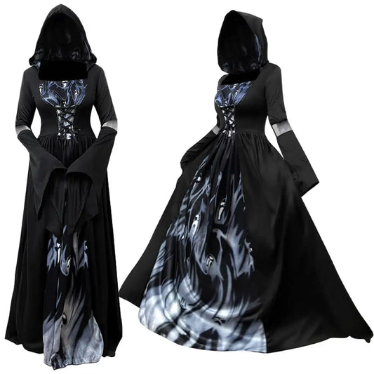 Halloween Witch Dress – Gothic Vintage Hooded Vampire Gown with Bell Sleeves