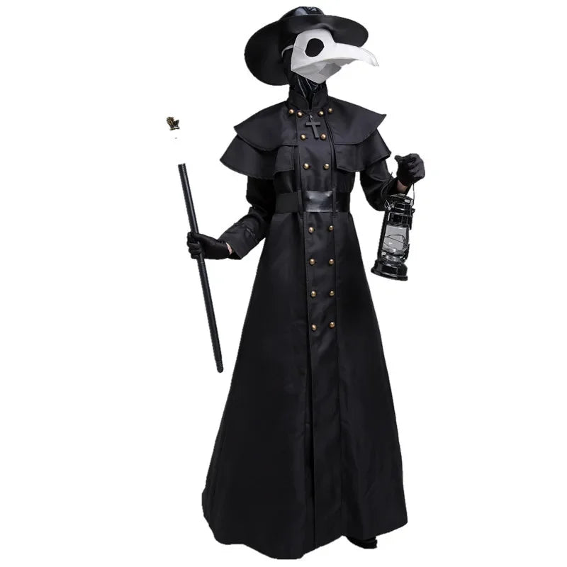 Medieval Hooded Robe with Plague Doctor Mask & Hat – Men’s Halloween Cosplay Cloak | Monk, Priest, Wizard, Steampunk Costume (Up to 5XL)