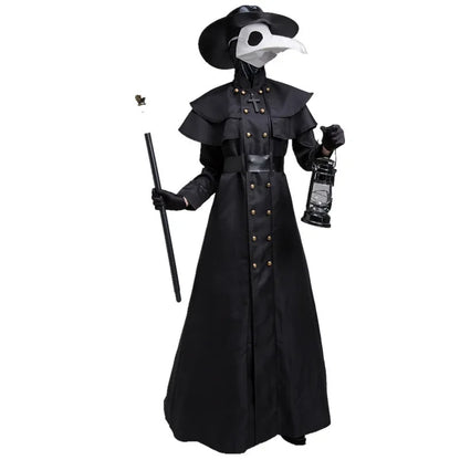 Medieval Hooded Robe with Plague Doctor Mask & Hat – Men’s Halloween Cosplay Cloak | Monk, Priest, Wizard, Steampunk Costume (Up to 5XL)