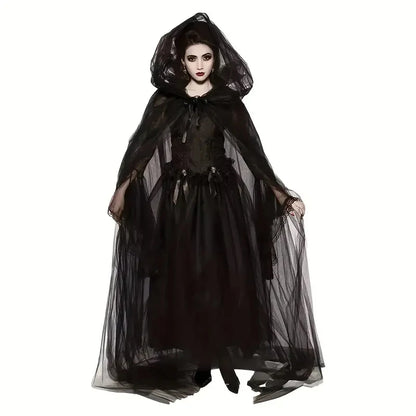 Black Witch & Vampire Cosplay Cloak – Halloween Double Layer Bridal Shawl | Party Costume Prop & Holiday Dress Up