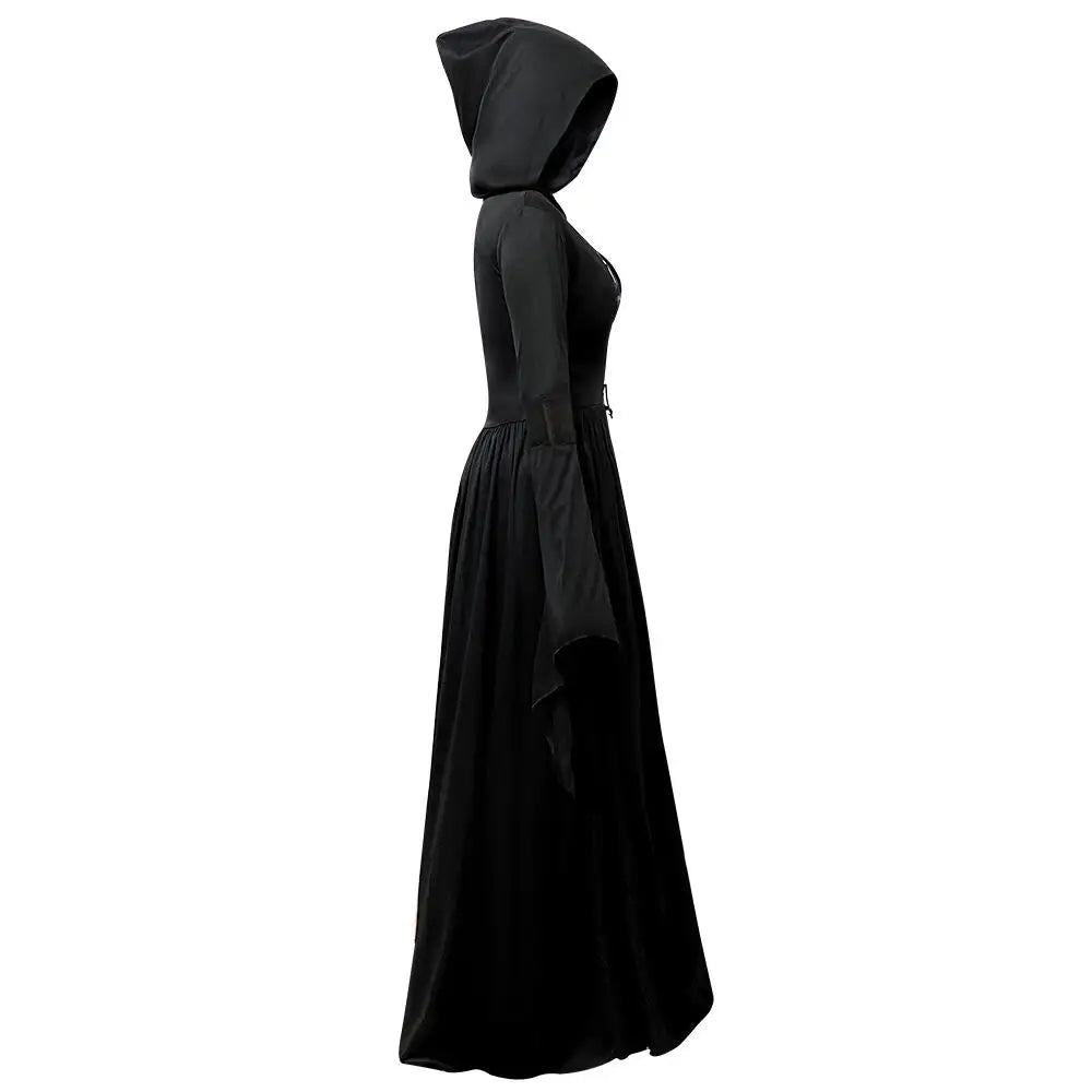 Halloween Witch Dress – Gothic Vintage Hooded Vampire Gown with Bell Sleeves