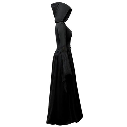 Halloween Witch Dress – Gothic Vintage Hooded Vampire Gown with Bell Sleeves
