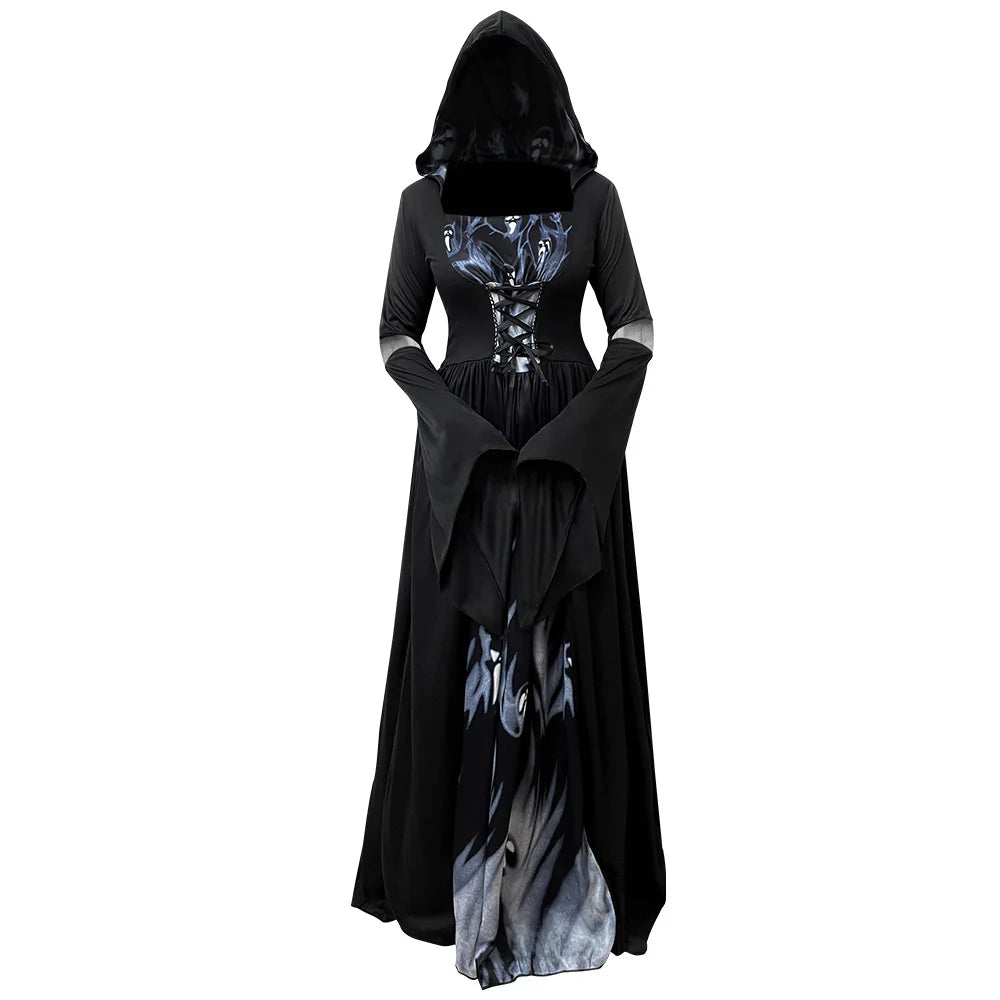 Halloween Witch Dress – Gothic Vintage Hooded Vampire Gown with Bell Sleeves