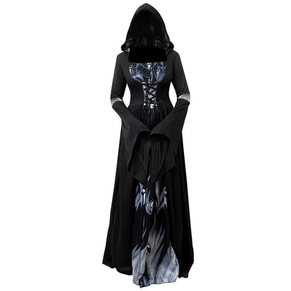 Halloween Witch Dress – Gothic Vintage Hooded Vampire Gown with Bell Sleeves