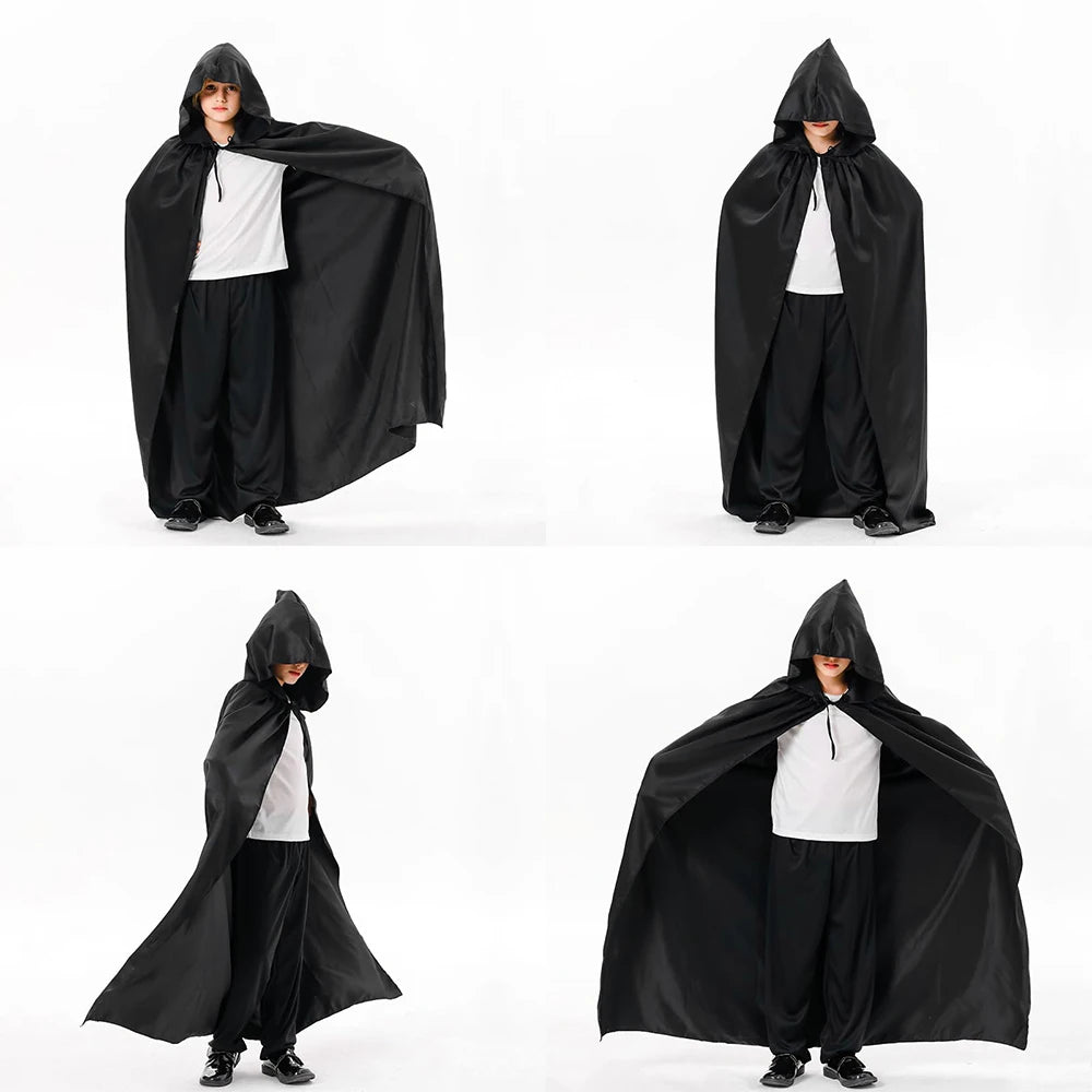 Halloween Black Hooded Cloak – Soft Unisex Witch & Wizard Robe | Long Cape Cosplay Costume for Party, Performance & Holiday Dress Up