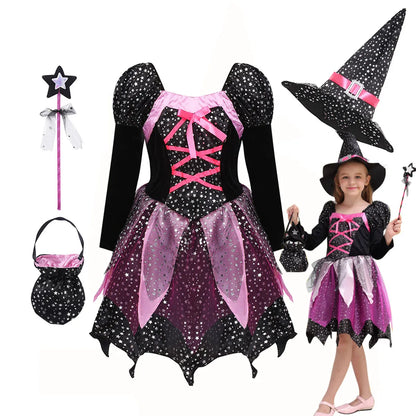 Girls 4-Piece Witch Costume Set – Dress, Hat, Wand & Bag | Halloween Wizard Outfit 2025 for Kids