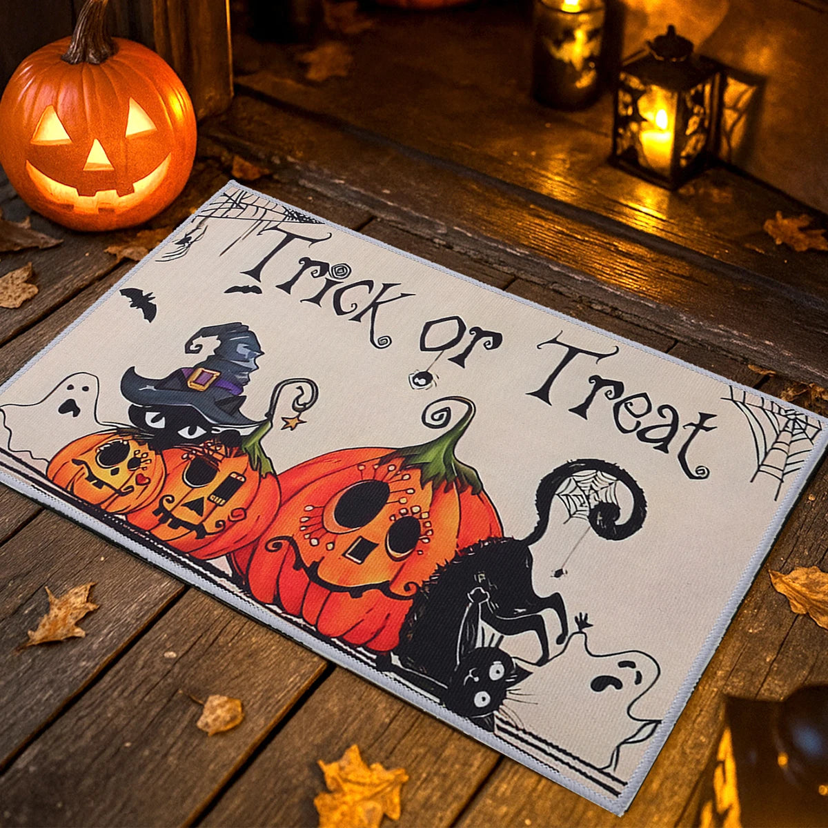 Halloween Crystal Velvet Doormat – Pumpkin & Ghost Trick or Treat Mat