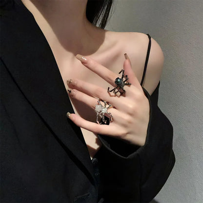 Gothic Spider Open Ring – Retro Moonstone Black Punk Jewelry for Women