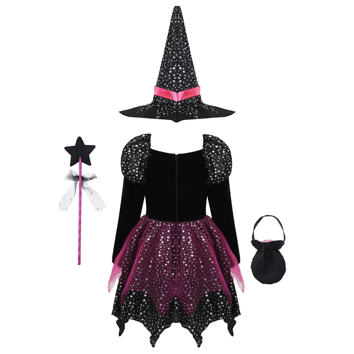 Girls 4-Piece Witch Costume Set – Dress, Hat, Wand & Bag | Halloween Wizard Outfit 2025 for Kids