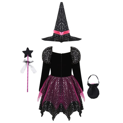Girls 4-Piece Witch Costume Set – Dress, Hat, Wand & Bag | Halloween Wizard Outfit 2025 for Kids