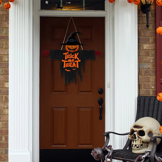 2D Halloween Trick-or-Treat Wooden Sign – Pumpkin Monster Porch Decor