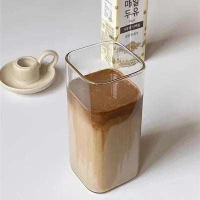 Square Heat-Resistant Glass Coffee Cup with Lid & Straw – Transparent Drinkware