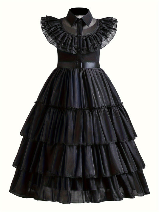 Girls’ Cool Tutu Dress – TV Character Inspired Sleeveless Costume with Layered Ruffle Hem, Button-Up Lapel Collar, Halloween Party Outfit
