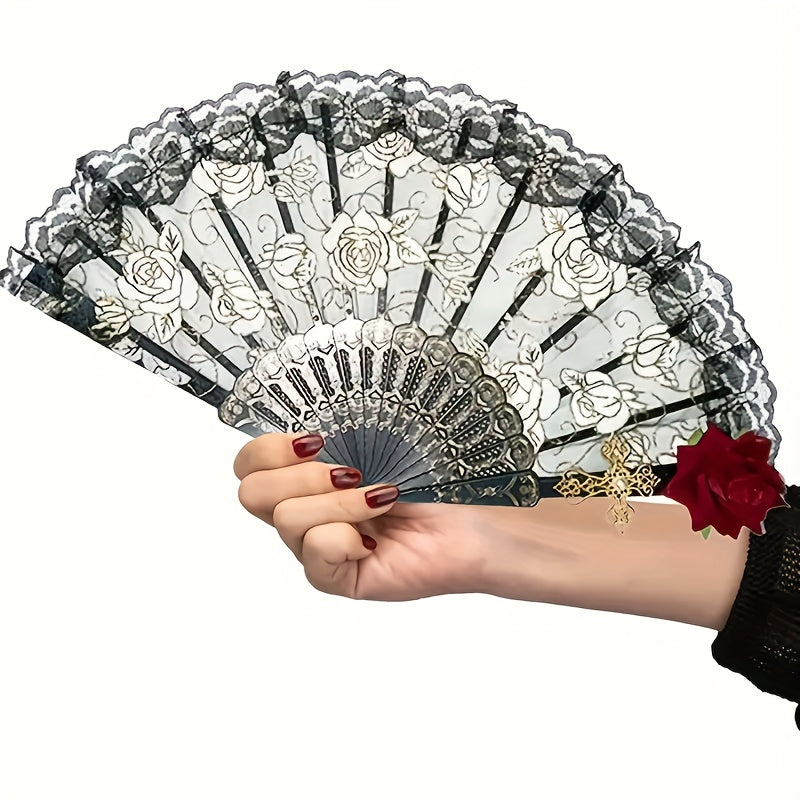 Vintage Flamenco Folding Fan – Elegant Black Rose Lace Handheld Fan for Weddings & Parties