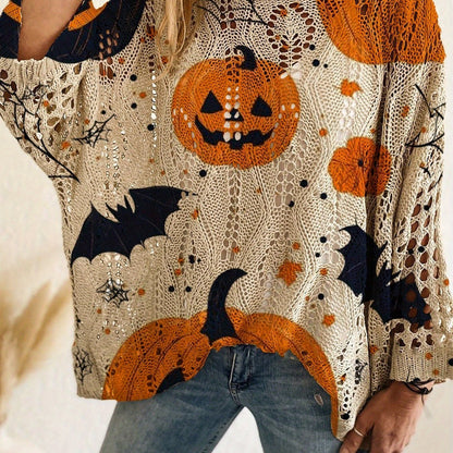 Women’s Halloween Off-Shoulder V-Neck Top – Bat & Pumpkin Print, Long Sleeve, Loose Relaxed Fit – Casual Vacation Halloween Shirt