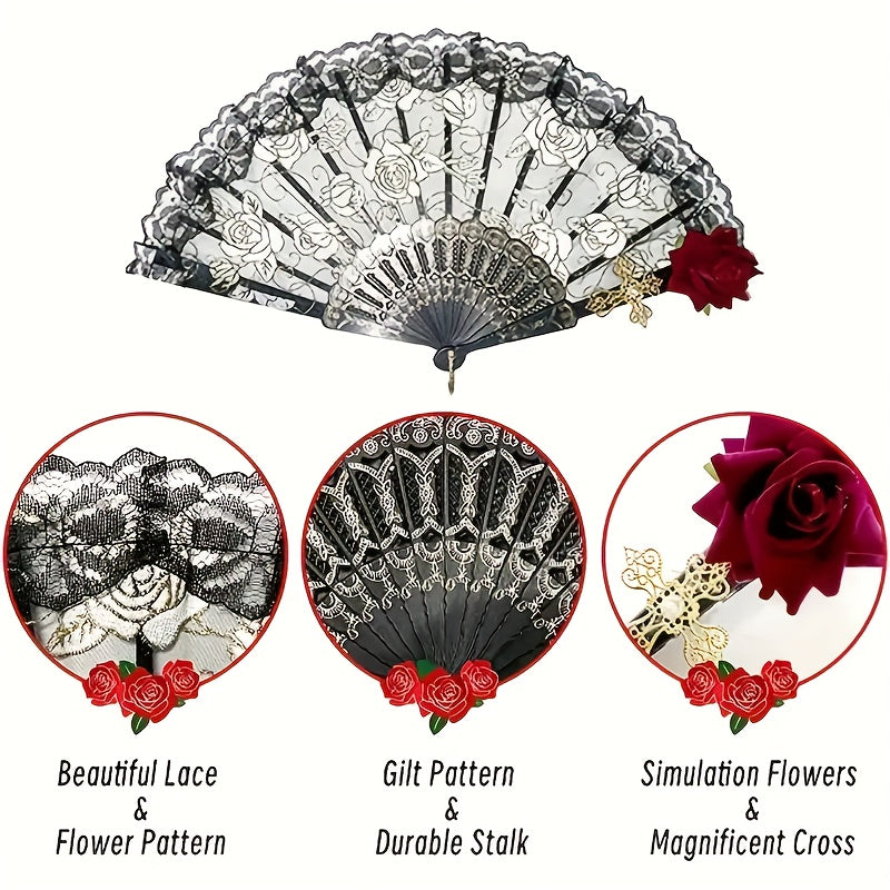 Vintage Flamenco Folding Fan – Elegant Black Rose Lace Handheld Fan for Weddings & Parties